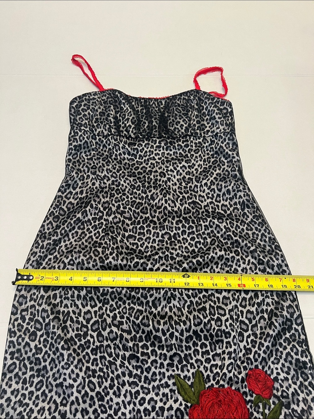 VINTAGE Y2K XOXO LEOPARD PRINT DRESS- MESH OVER SATIN WITH RED LACE STRAPS SMALL - Picture 8 of 15